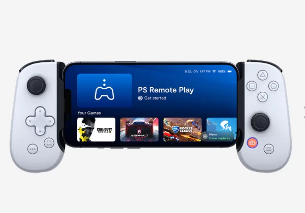 The Backbone One PlayStation Edition is a mobile gaming controller for iPhone, modeled after the Sony PlayStation 5 DualSense controller